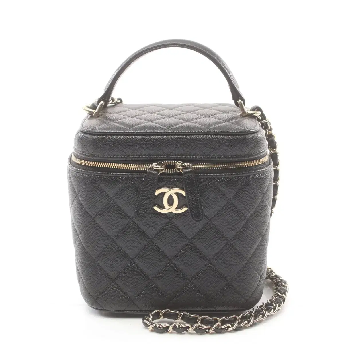 CHANEL 샤넬 캐비어 탑핸들 직사각 베니티백 샴페인골드