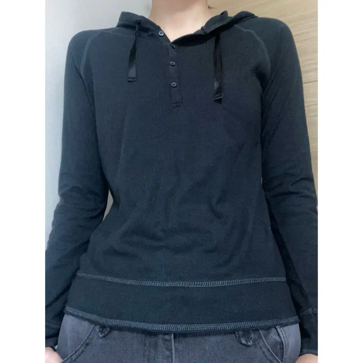 일본빈티지 블랙 헨리넥 후드티 롱슬리브