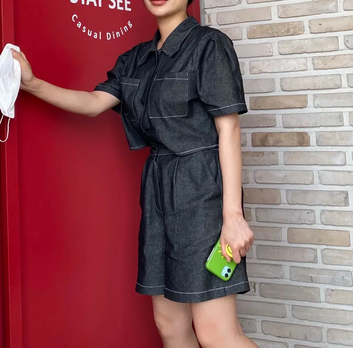 데님 스티치 셋업 흑청