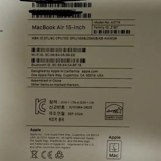 맥북에어 M3 15인치 16램 256기가 배터리100%(싸이클6)새상품급