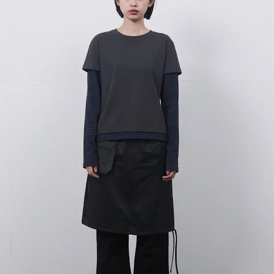 오헤시오 LAYERED STRIPE T-SHIRT, CHARCOAL