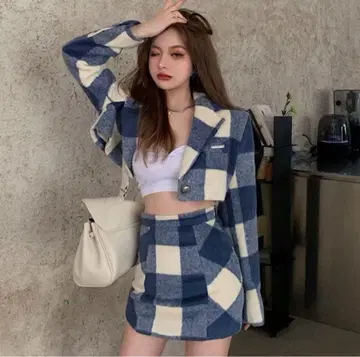체크 무늬 크롭 자켓 미니 스커트 셋업 한국 숏 기장