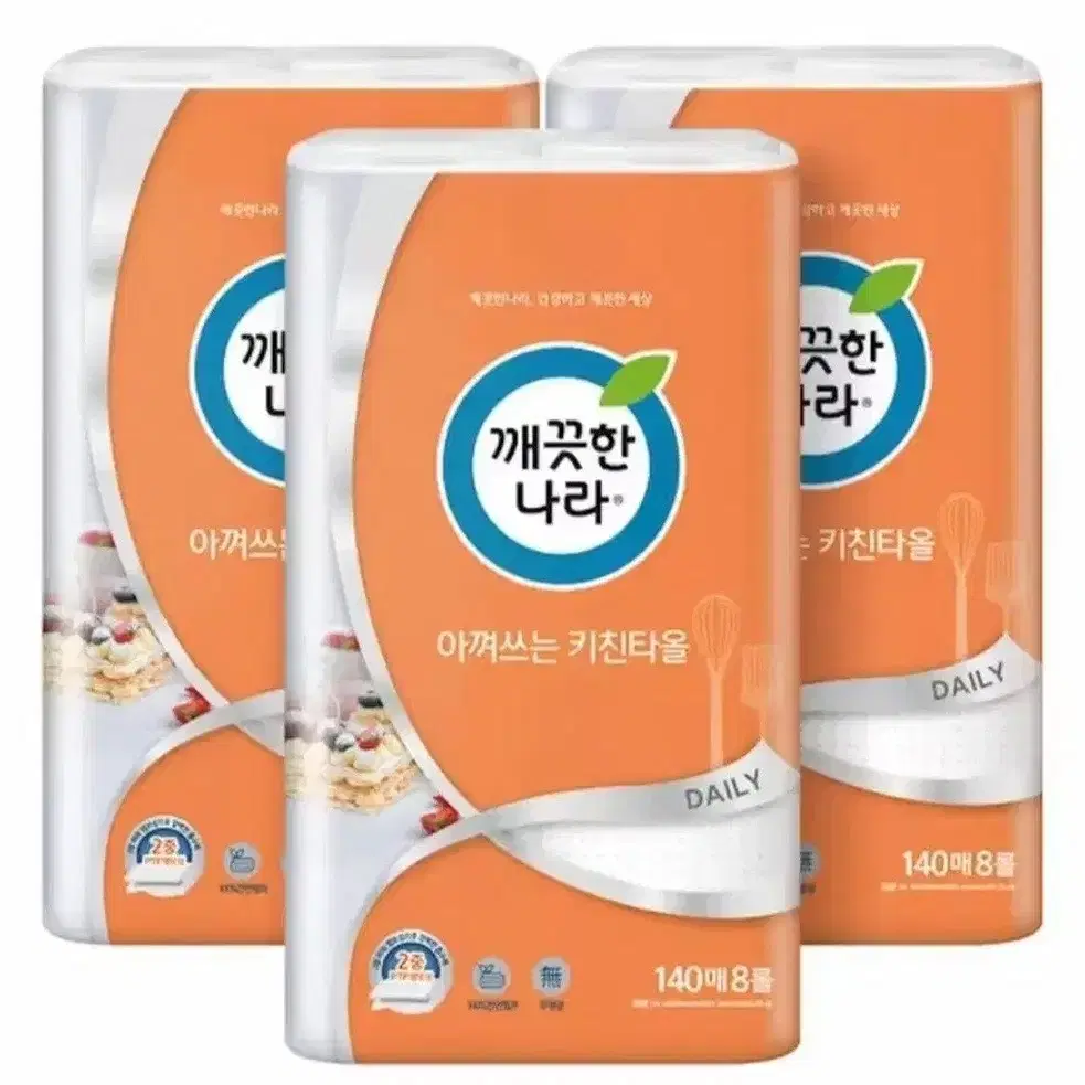 깨끗한 나라 아껴쓰는 천연펄프키친타월 140매  총24롤 8롤X3팩
