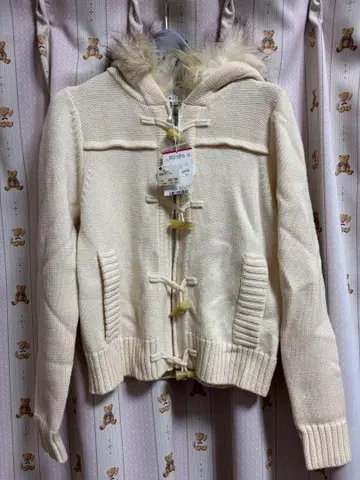 kumikyoku 아이보리 퍼 후드 부착 더플 코트 S2