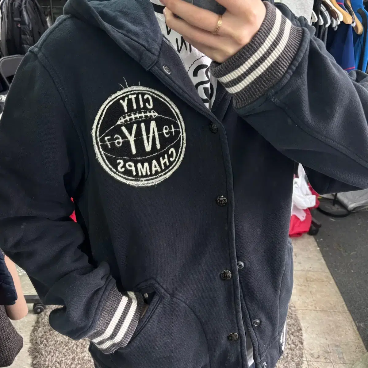 XL 폴로 랄프로렌 블랙 브루클린 자수 후드 바시티자켓