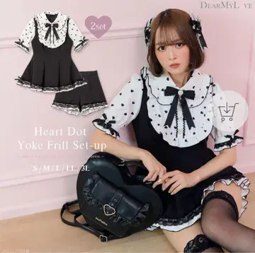 DearMyLove 유메텐보 하트 도트 요크 프릴 셋업 보르도
