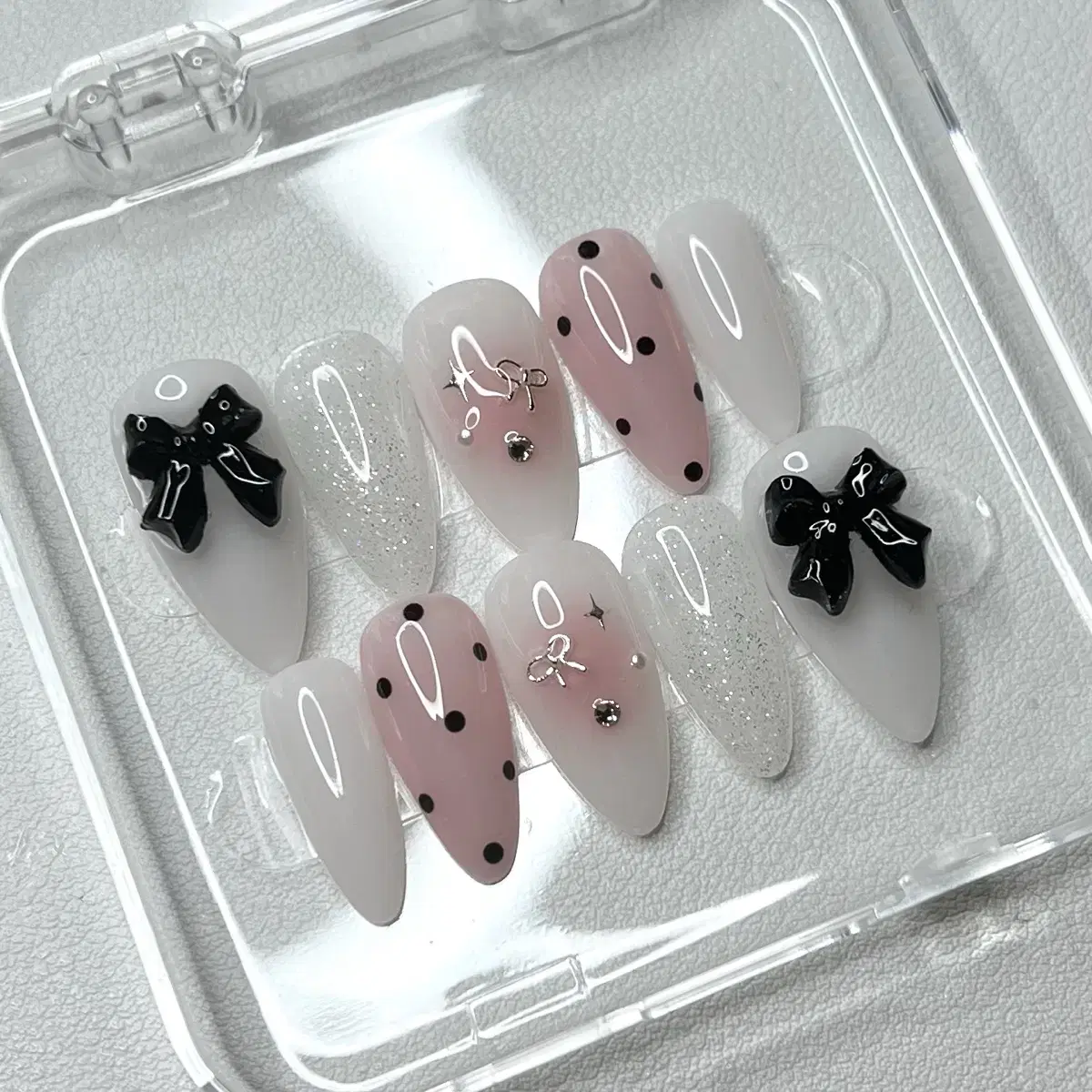 Black polka dot pink kitsch handmade nail tips