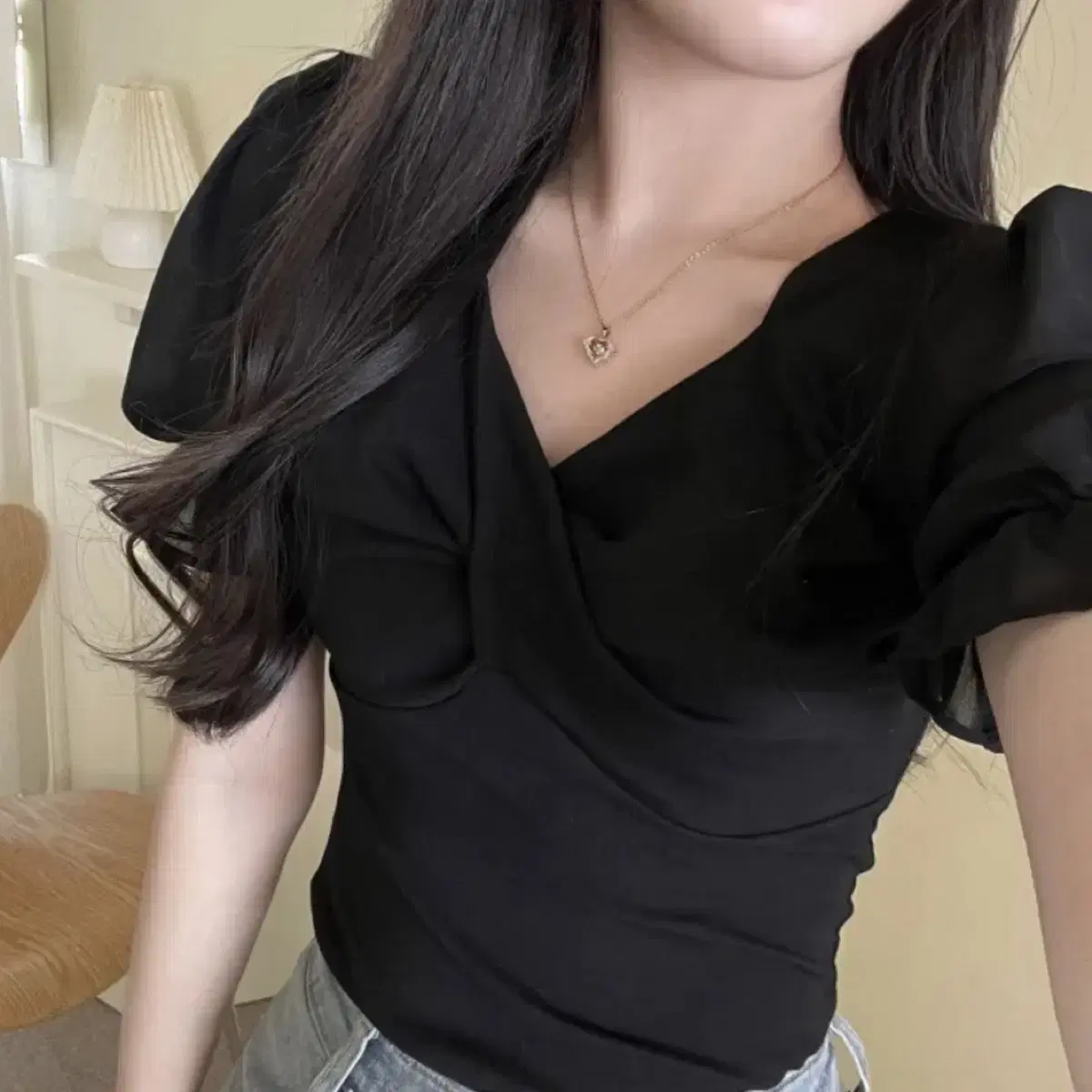 시스루 꼬임 반팔 블라우스