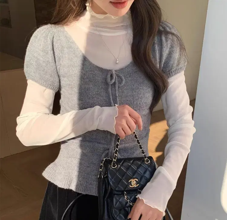 NE180)2컬러 물결 시스루 목폴라 하이넥 레이어드 이너 티셔츠 꾸안꾸