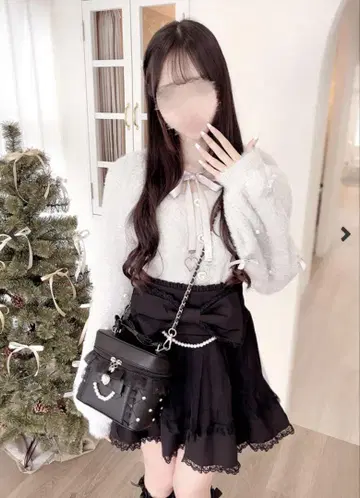 마즈 모에냐짱 콜라보 프론트 오픈 새틴 리본 니트