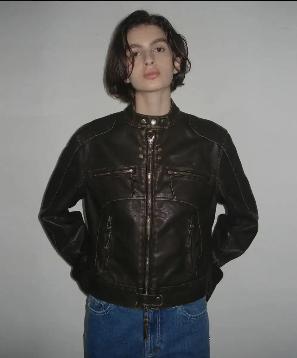 Partment Woman's Washed Leather Biker Jacket Khaki Brown M