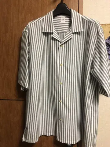 다케오 키쿠치 반팔 스트라이프 오픈 카라 셔츠 그린 스트라이프