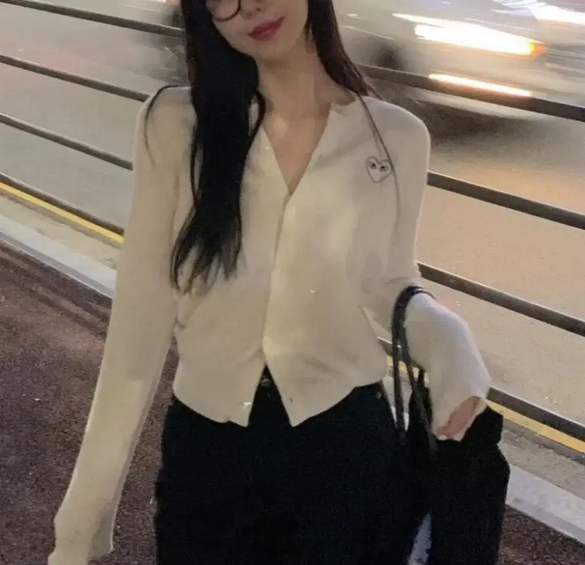 꼼데가르송 라운드넥 화이트 와펜 가디건 xxs