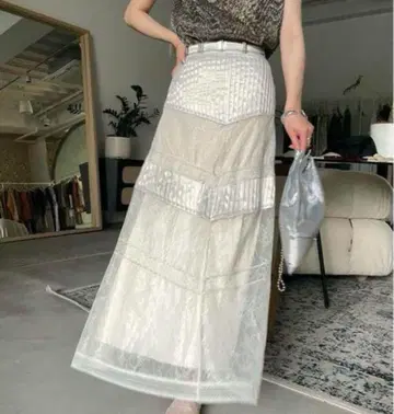 AMERI 빈티지 롱 스커트 레이스 플리츠 새틴