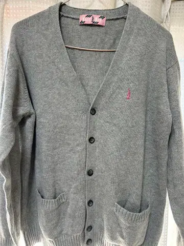 이스트 보이 그레이 브이넥 가디건 핑크 자수