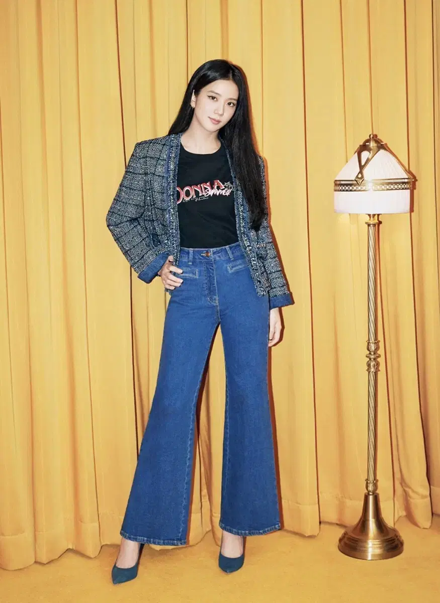 잇미샤 지수 메탈 트위드 자켓 데님 찡 배색 노카라 브이넥 하객룩
