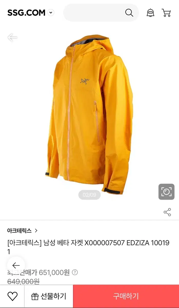 아크테릭스 베타 재킷 옐로우(에지자)