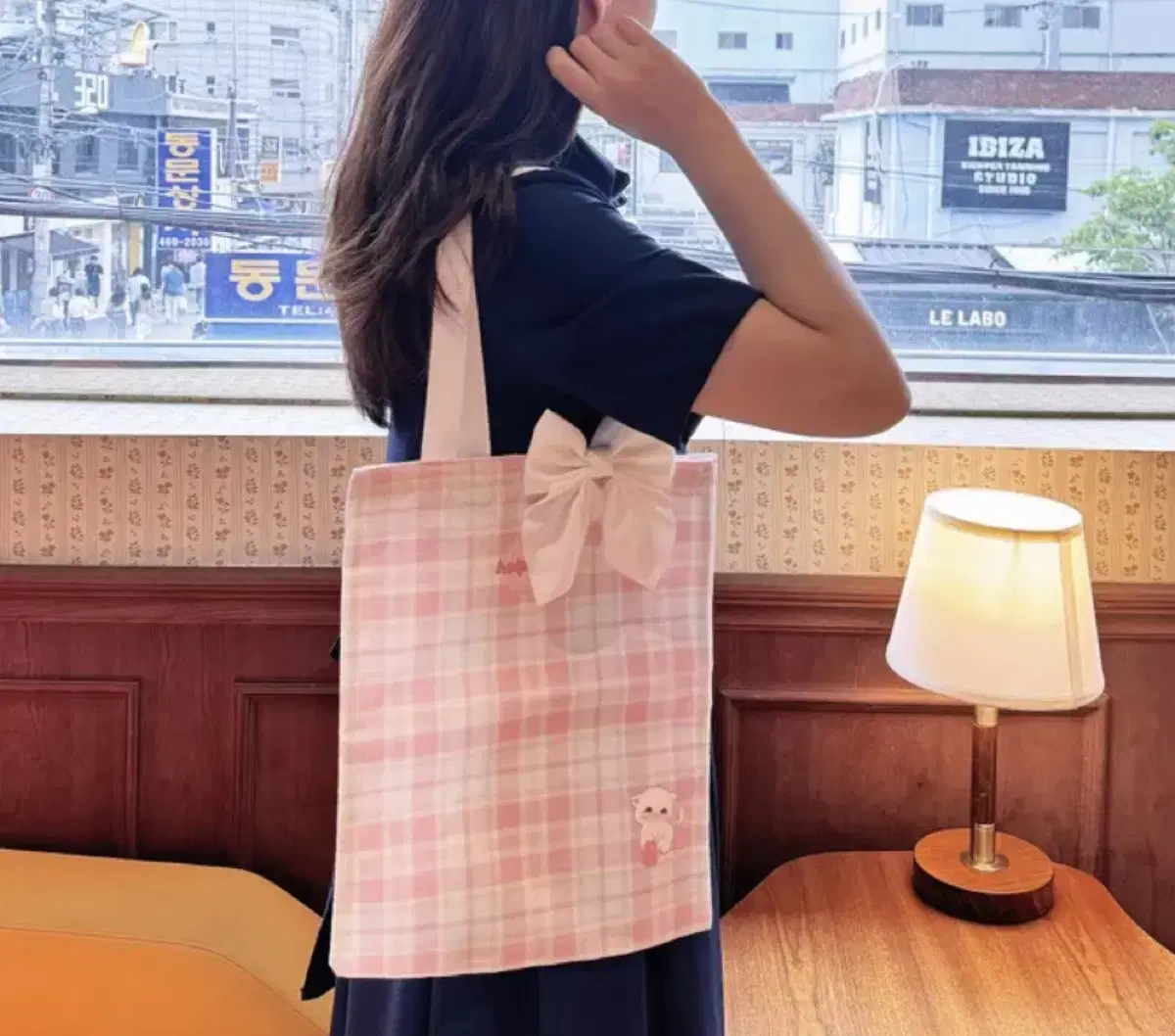 체크 에코백 (리본 포함)