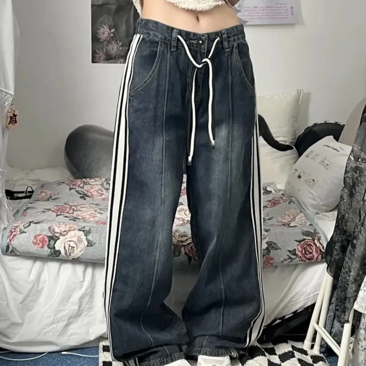 오피엠 Y2K 더블로프트랙 와이드데님팬츠