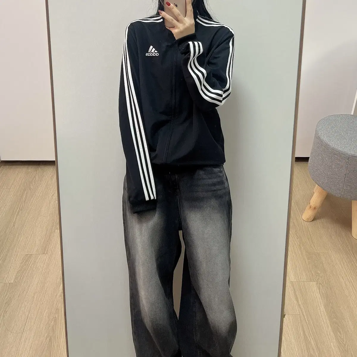 아디다스 블랙 삼선 우븐 바람막이 자켓
