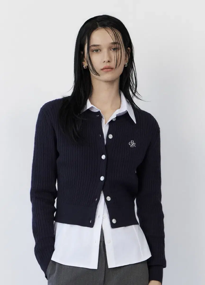 Cable Cardigan with Small Embroidered Logo (Navy/M)