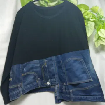 루즈한 빅 사이즈 개성적인 리메이크 데님 롱 티셔츠