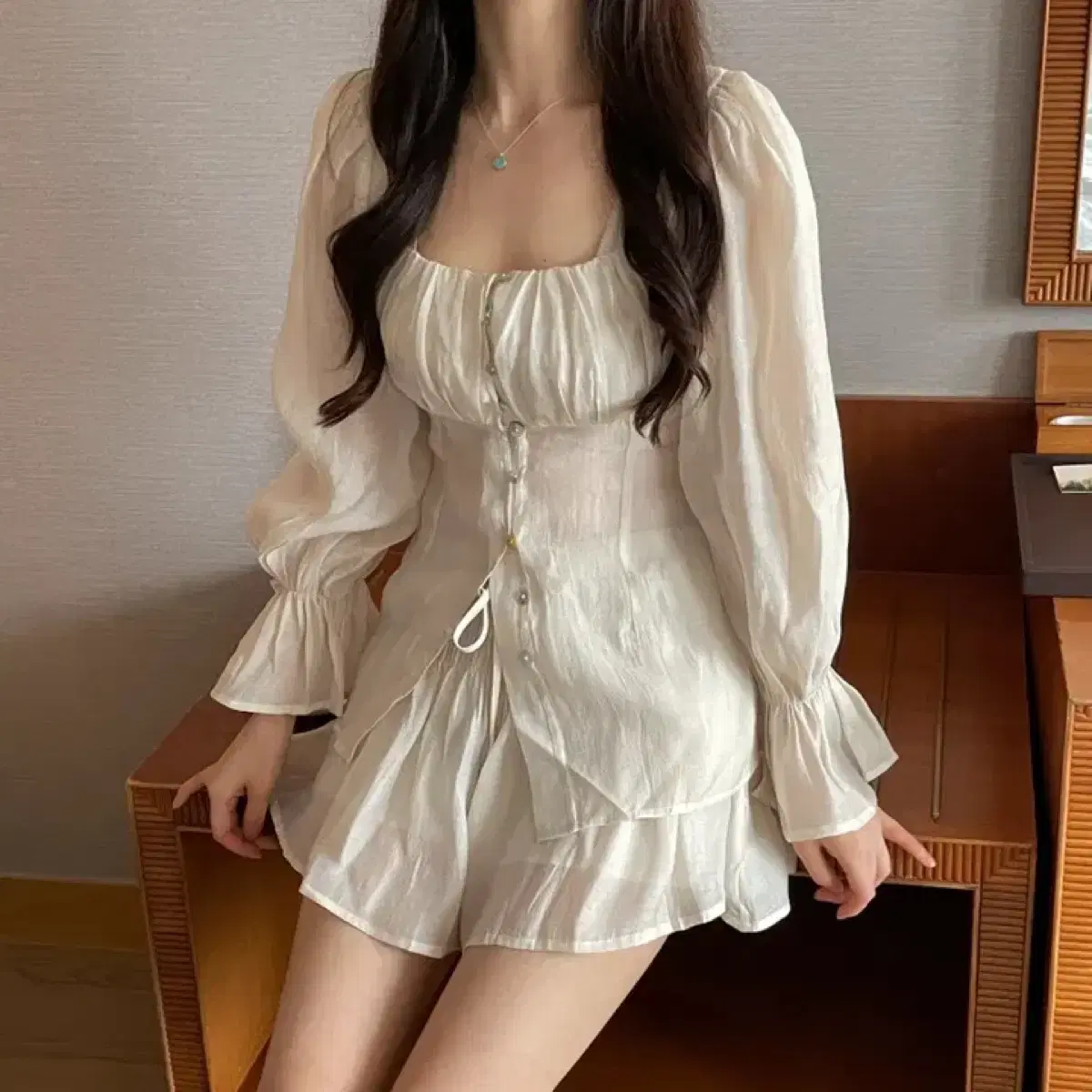 쉬폰 블라우스 봄 여름 치마바지 투피스 원피스 세트