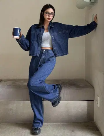 데님 자켓 와이드 레그 데님 세트