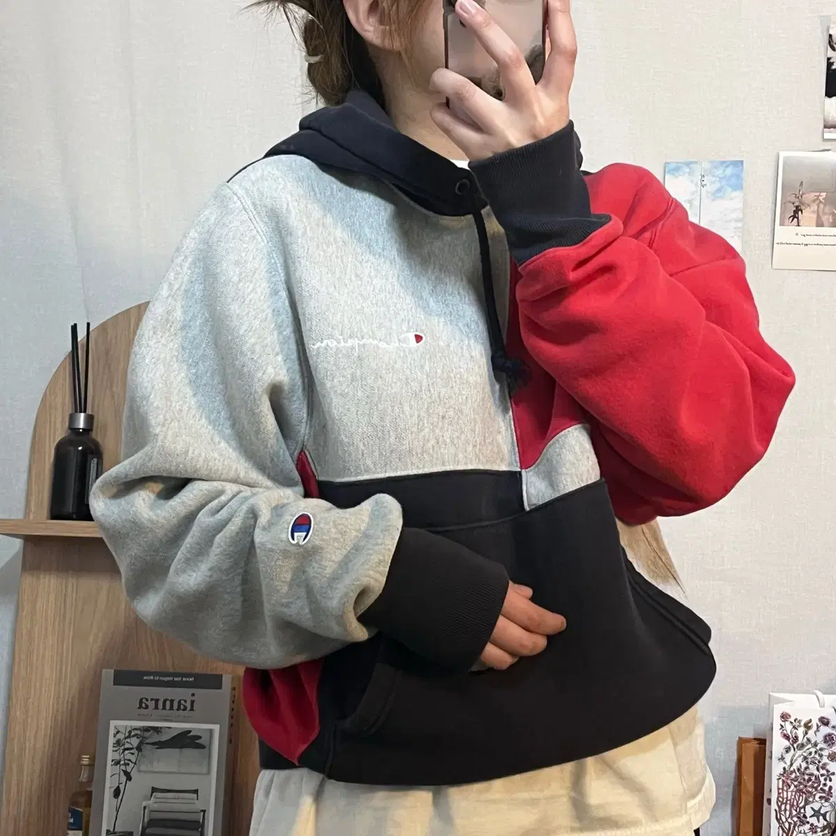 [정품] 챔피온 배색 투로고 후드티 [ S ]