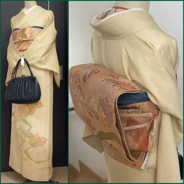 기모노 츠케마케 소주 자수 그린 컬러가 가미된 옐로우 컬러