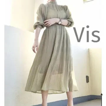 비스 플리츠 쉬폰 퍼프 슬리브 롱 원피스