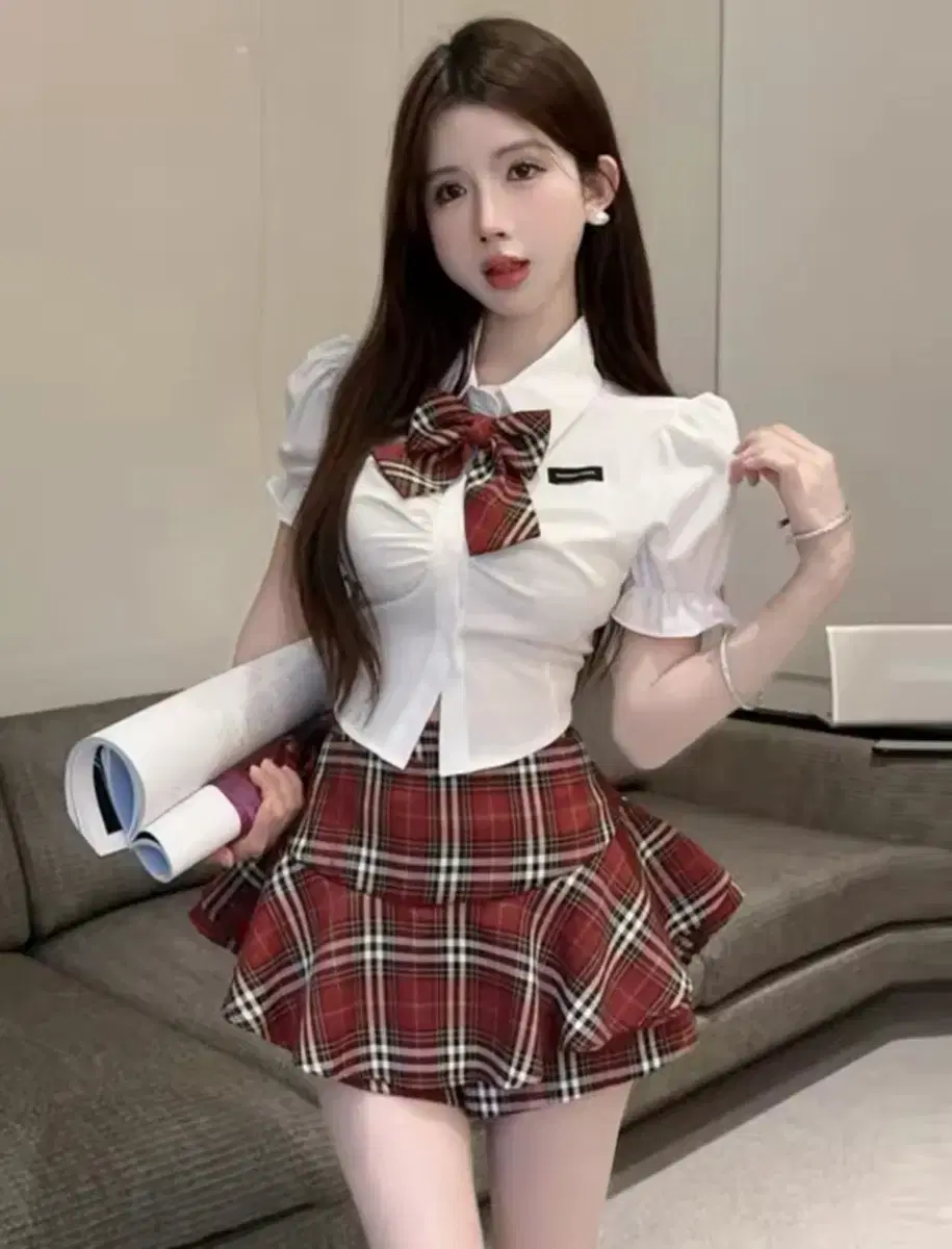 Red checkered ribbon shirt skirt school uniform set