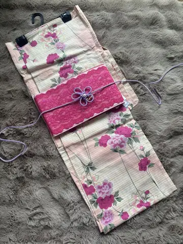 꽃무늬 유카타, 핑크 레이스 오비, 허리띠 고정용 세트