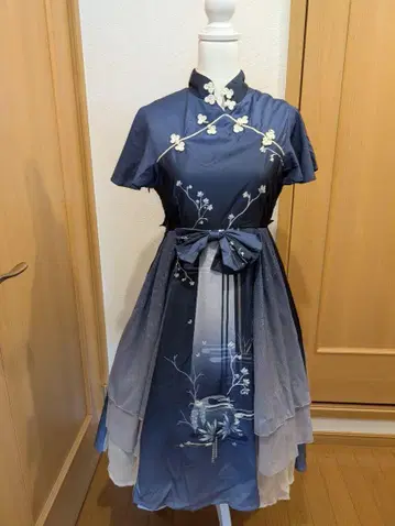 네이비 중화풍 원피스 반팔 화로리