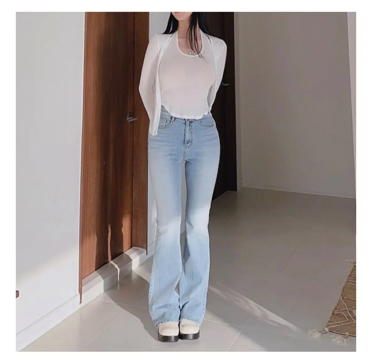 블림진 포미 히든밴 딩 딥 브러쉬 롱 부츠컷 데님 팬츠 연청 숏 S