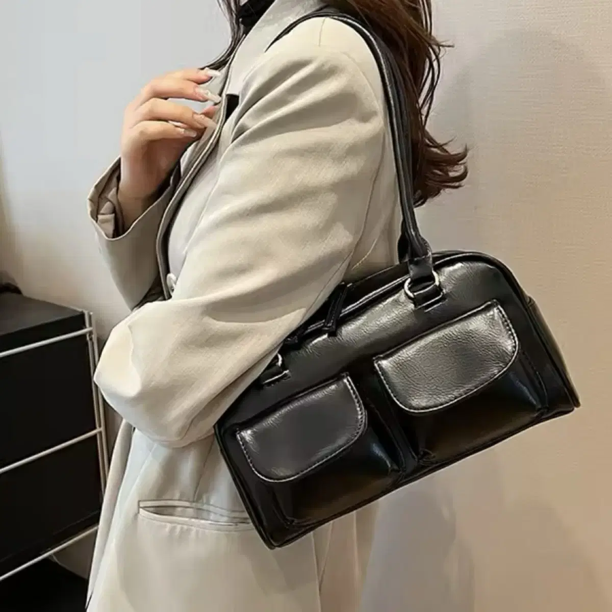 더블 포켓 데일리 숄더백/블랙