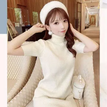 미셸 마카롱 화이트 리브 니트 원피스 화이트