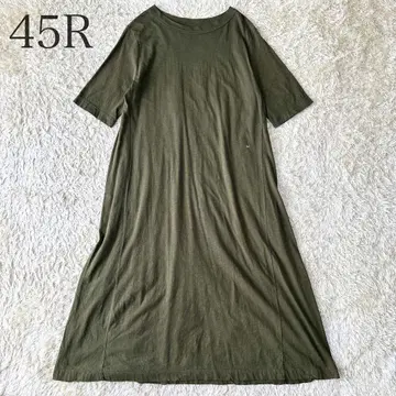 45R 티셔츠 롱 원피스 카키 자수 원포인트 A라인