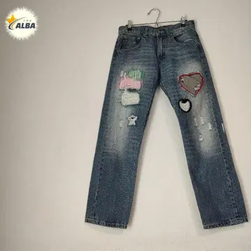 데님 팬츠 청바지 패치워크 자수 데미지 가공 빈티지 S