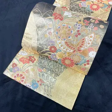 육통 후쿠로 오비 자수 골드 나비 꽃 무늬 금은박 순은 실크 5K4-25