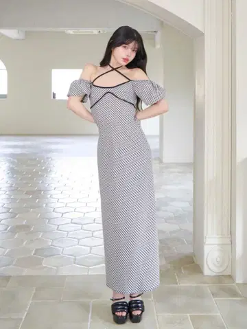 다리치 파이핑 체크 롱 원피스