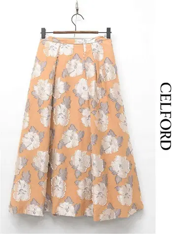 R-K383/CELFORD 자카드 스커트 턱 플레어 꽃무늬 36