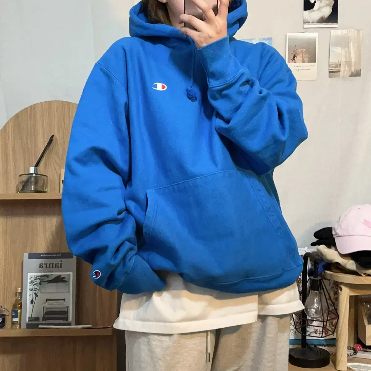 [정품] 챔피온 블루 투로고 후드티 [ L ]