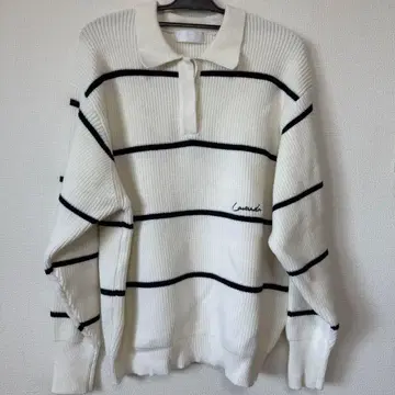 라벤다 LAVANDA 우노 미사코 오버 사이즈 보더 폴로 니트 화이트