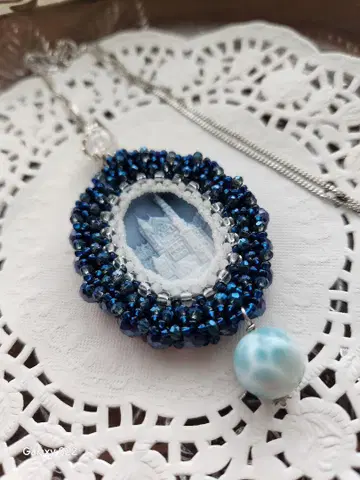 월초 한정판 가격 인하 handmade 라리마 카메오 풍경화 목걸이
