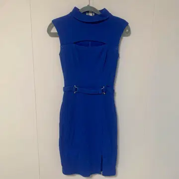 파란 리브 니트 하이넥 타이트 드레스