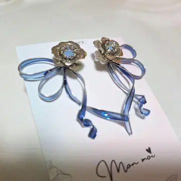 리본 장미 오로라 블루 귀걸이