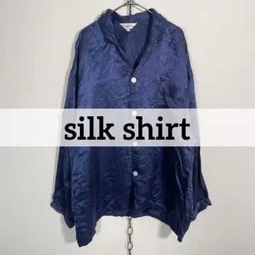 빈티지 100% 실크 파자마 셔츠 네이비 계열 남성용 XL
