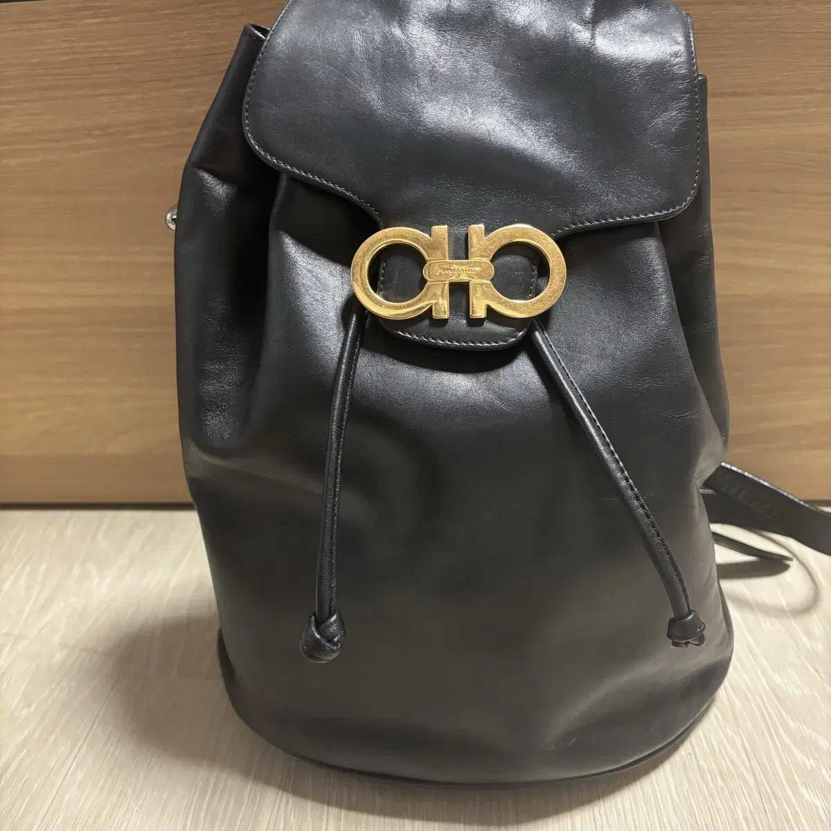 Ferragamo Black Calfskin Gancini Vintage Backpack (Authentic)