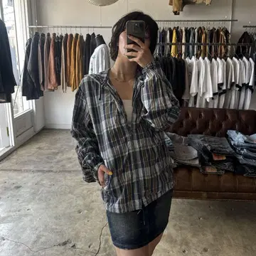 빈티지 USA제 체크 패턴 지퍼 후드 티셔츠